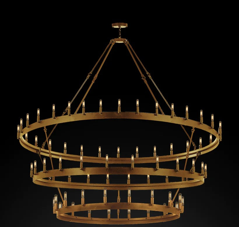 Wrought Iron Vintage Barn Metal Castile Three Tier Chandelier Chandeliers Industrial Loft Rustic Lighting W 63" H 75" - A113-CG/3428/30+24+18