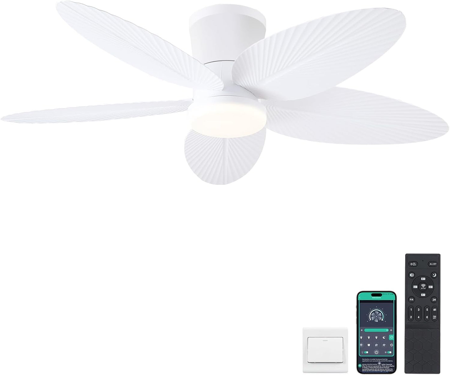 Palm Leaf Ceiling Fans with Lights-42 Tropical Ceiling Fan with Light and Remote/APP Control,Flush Mount Low Profile White Ceiling Fans for Bedroom,Indoor/Outdoor Patio Use A101-B0DLVT767B