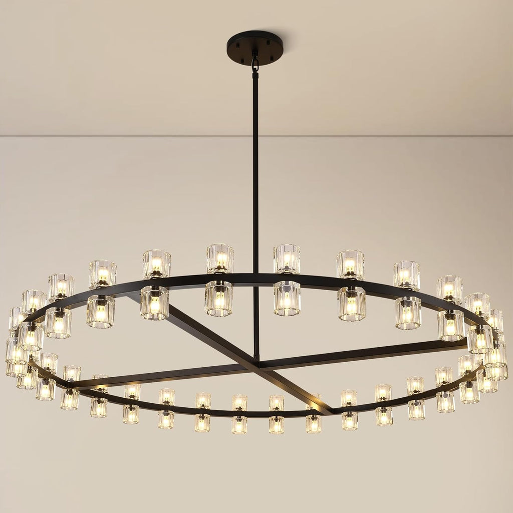Modern Large 60inch Black Round Chandelier, 60-Light Crystal Chandelier for Living Room,Indoor Large Space Chandelier Fixtures,Farmhouse Wagon Wheel Chandelier,Including Lightbulbs A117-B0DWK3KMWB
