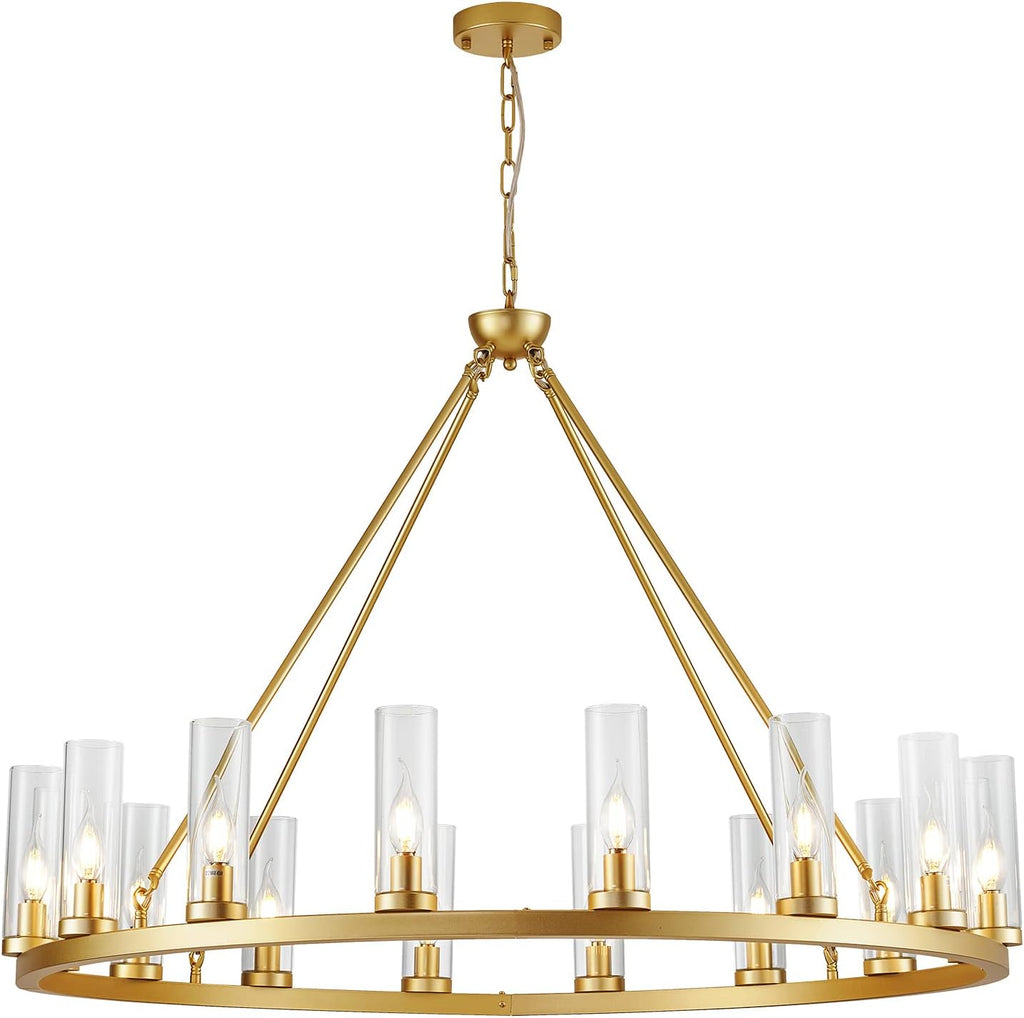 Farmhouse Wagon Wheel Chandelier,D42 16 Light Gold Industrial Rustic Chandelier Lighting, Round Kitchen Island Pendant Light with Clear Glass (42in-16 Lights) A115-B0BGDV63KH