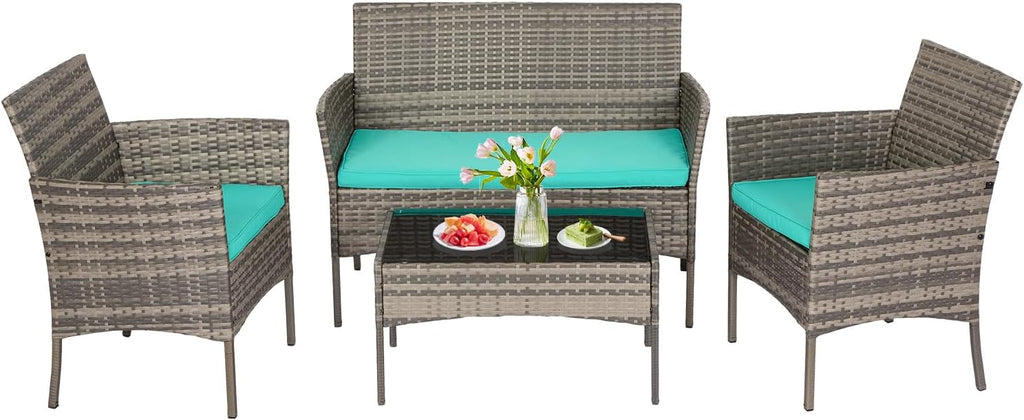 Patio Conversation Set 4 Pieces Outdoor Furniture Set Wicker with Rattan Chair Loveseats Coffee Table for Outdoor Indoor Garden Backyard Porch Poolside Balcony,Gray Wicker/Blue Cushions A106-B0BMP92X8B