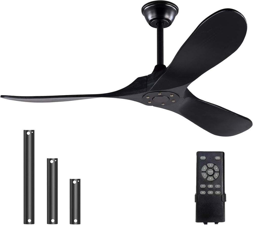 Solid Wood Black Ceiling Fan Without Light, 52 inch Walnut Ceiling Fan with 3 Wood Blades 6 Speeds Smart Timing Reversible DC Motor, Modern Fan for Indoor Outdoor Farmhouse/Patios A102-B0CMTK7D47