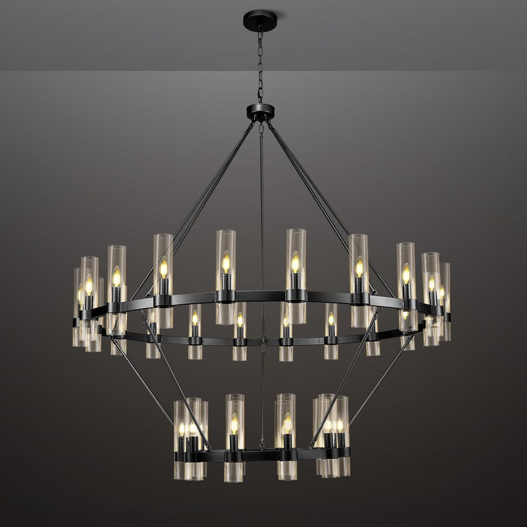 2 Tier Black Wagon Wheel Chandelier, 60 Inch Farmhouse Chandelier with Glass Tube, 30-Light Large Round Chandeliers for Dining Room, Living Room, Bedroom and Entryway A115-B0F29N96NH