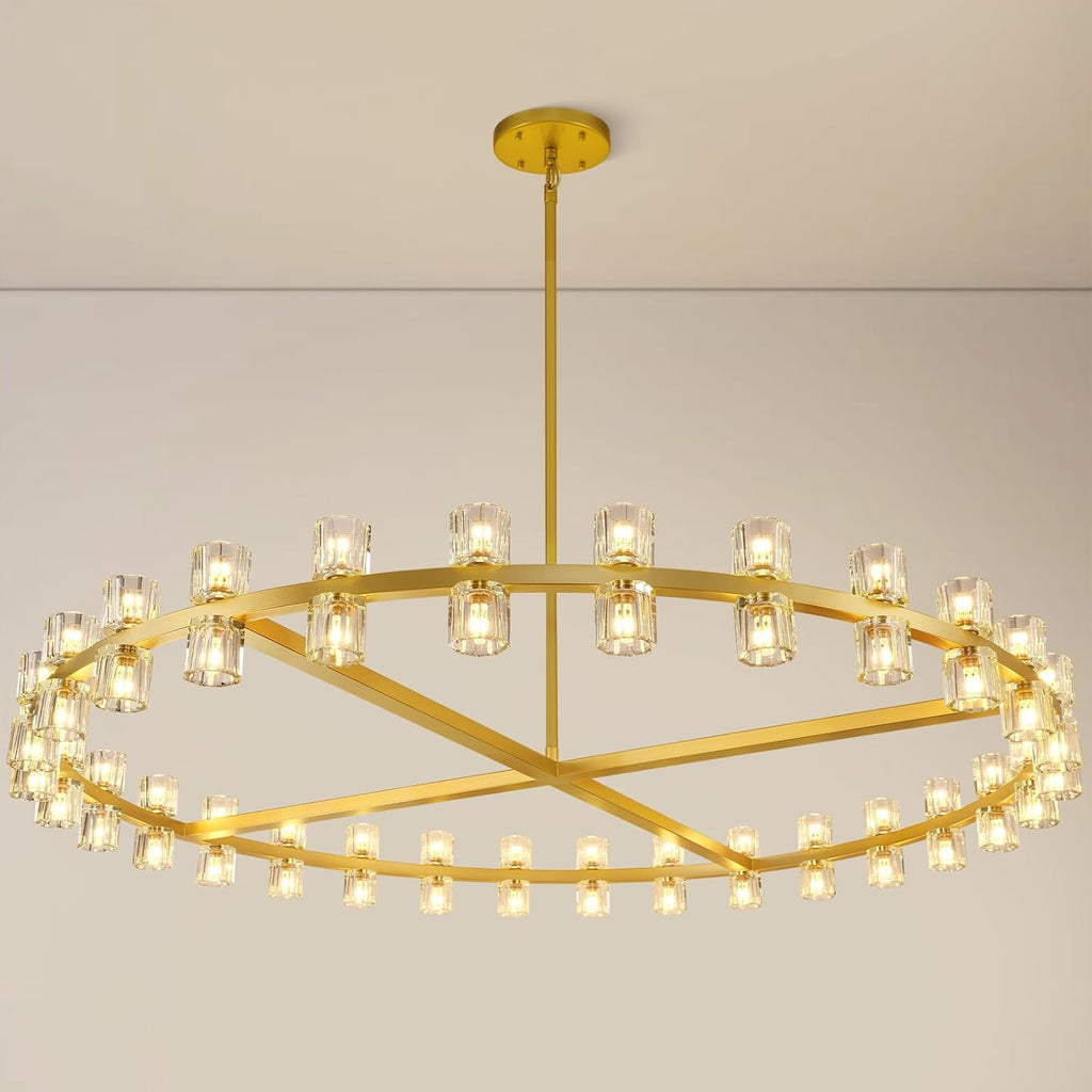 Modern Large 60inch Brass Gold Round Chandelier, 60-Light Crystal Chandelier for Living Room,Indoor Large Space Chandelier Fixtures,Farmhouse Wagon Wheel Chandelier,Including Lightbulbs A117-B0DWK3HS5R