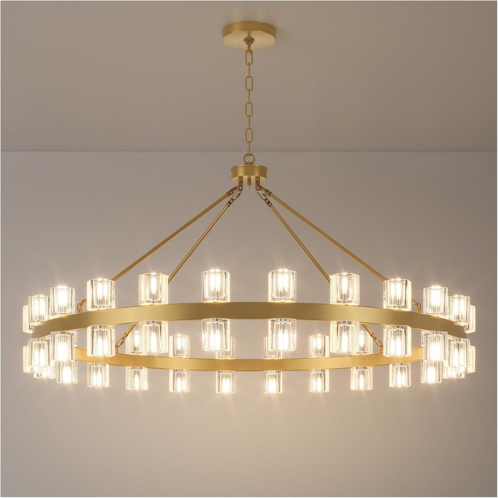 48 Inch Gold Wagon Wheel Chandelier with Crystal Shade, 48 Lights, Modern Farmhouse Style, Ideal for Dining Room, Kitchen, Entryways A117-B0D1NPW7D2