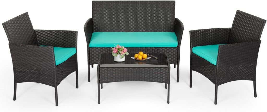 Patio Furniture Set 4 Pieces Outdoor Rattan Chair Wicker Sofa Garden Conversation Bistro Sets for Yard,Pool or Backyard,Blue Cushions A106-B0CKQSLDMX