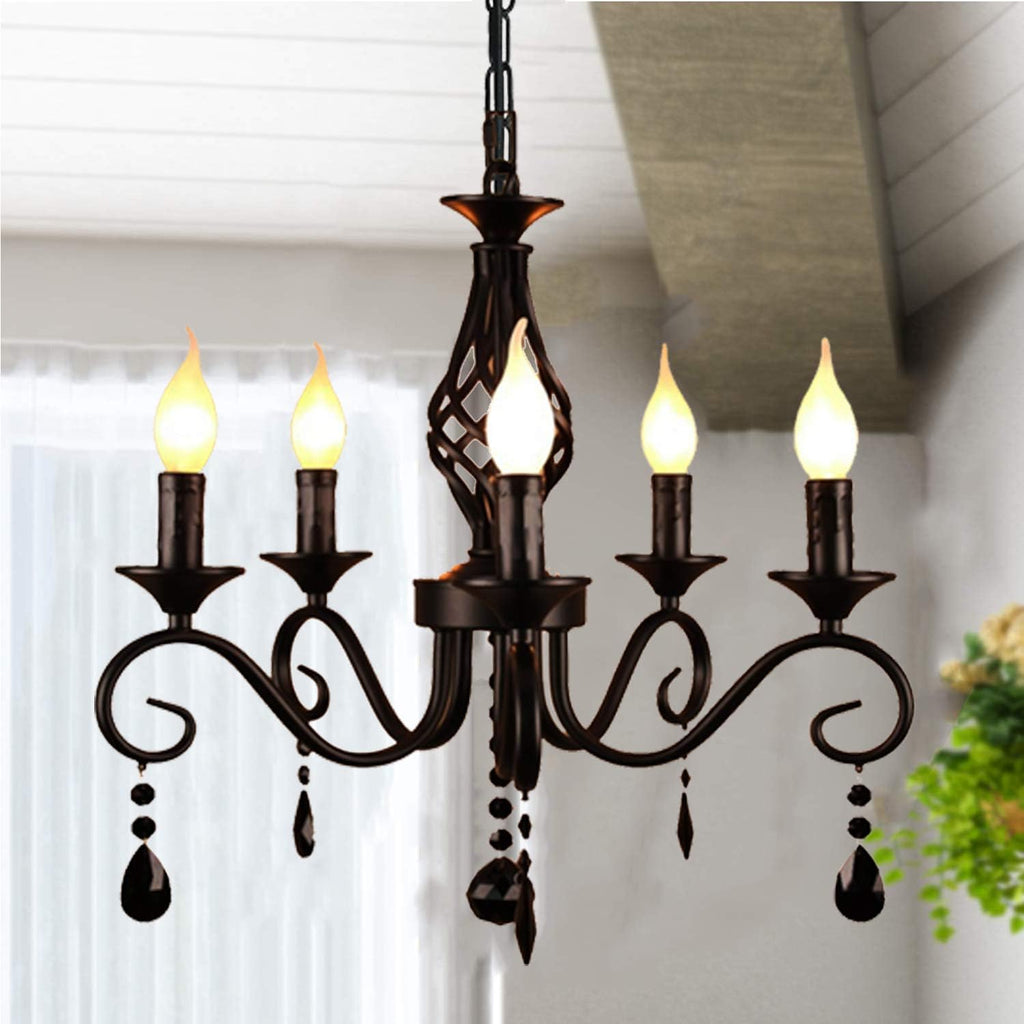 Farmhouse Black Crystal Candle Chandelier, 5 Lights Rustic Industrial Vintage Pendant Light Fixture Hanging Light for Living Room Bedroom Hallway Kitchen Dining Room, E12 Socket A109-B0DSB77VJR