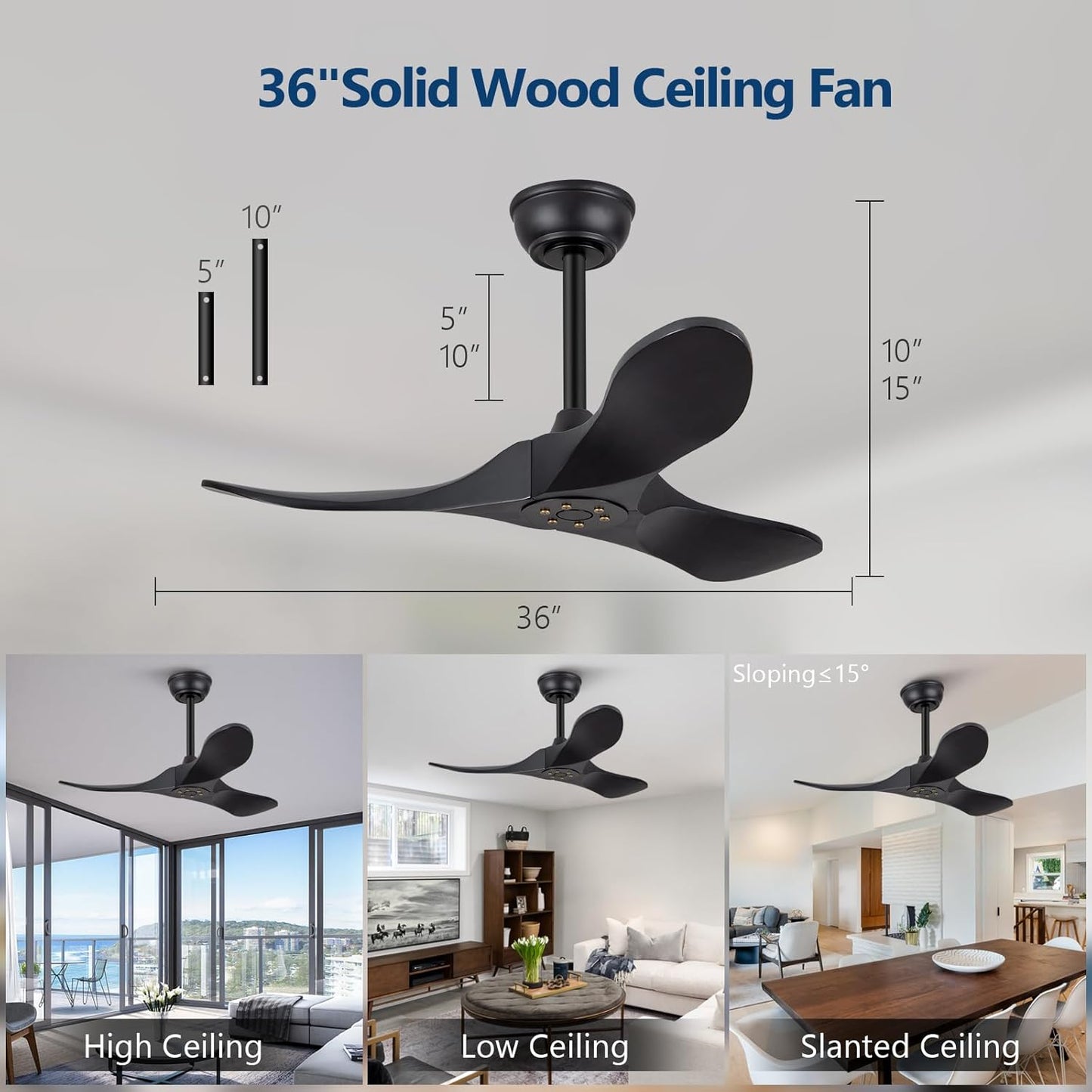 36 Inch Solid Wood Black Ceiling Fan with Remote,Ceiling Fan no Light,6 Speeds,Noiseless,Reversible DC Motor,Modern Ceiling Fans without Lights for Bedroom Farmhouse Kids Room A101-B0DFTD9F71