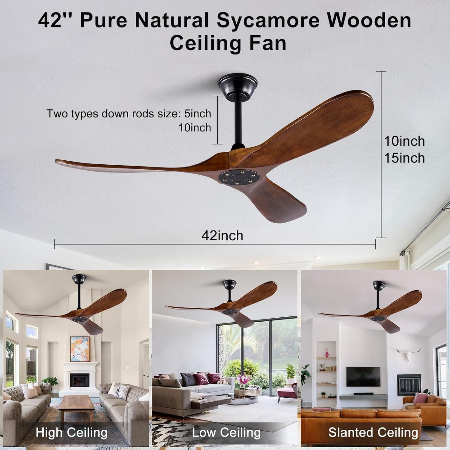 42 Inch Modern Wood Ceiling Fan, 3 Blades, Dark Walnut & Black, Remote Control, Reversible DC Motor, 6 Speeds, Timer Setting, Indoor/Outdoor A101-B0C613693B