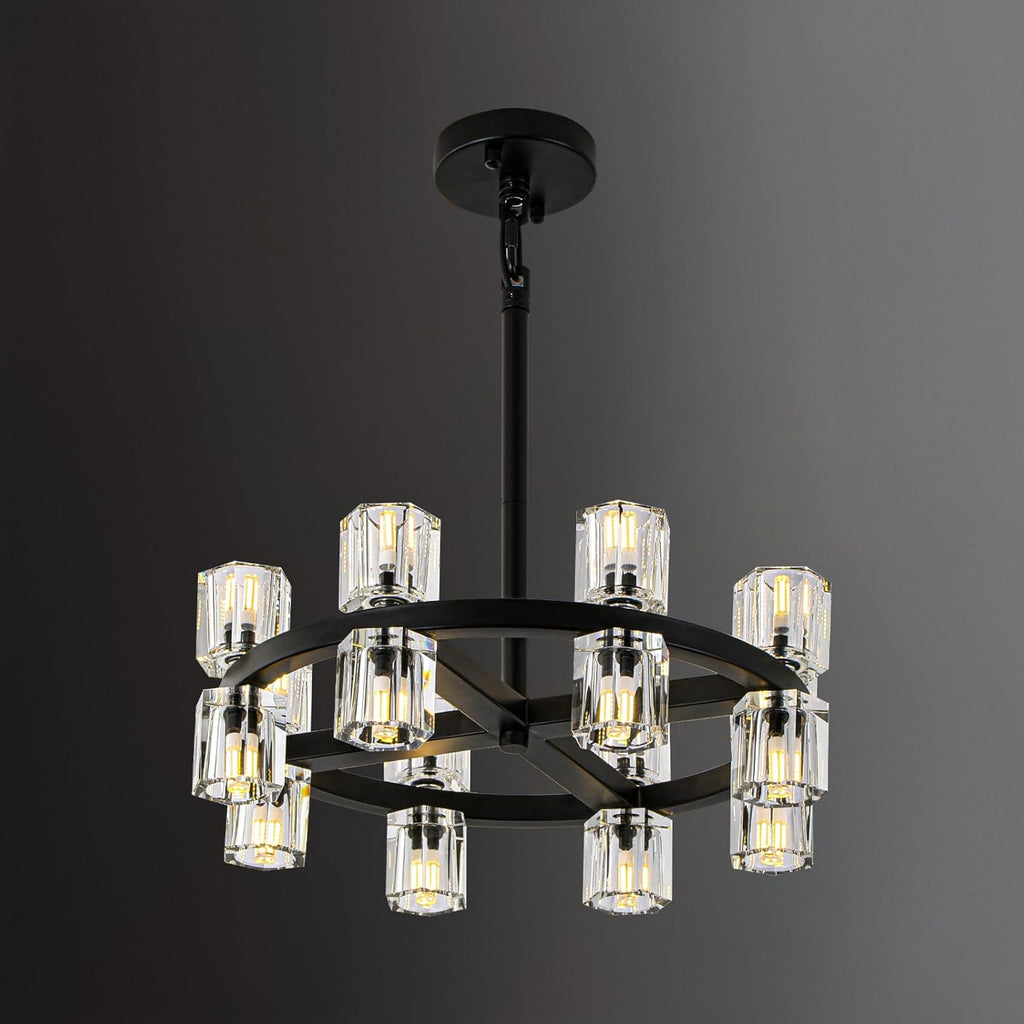 Black Wagon Wheel Chandelier, 18" Modern Farmhouse Chandelier, 16-light Chandelier for Living Room, K9 crystal Chandeliers for Dining Room ,Rustic Round Hanging Light Fixture(bulbs included) A117-B0D7TDCJK8