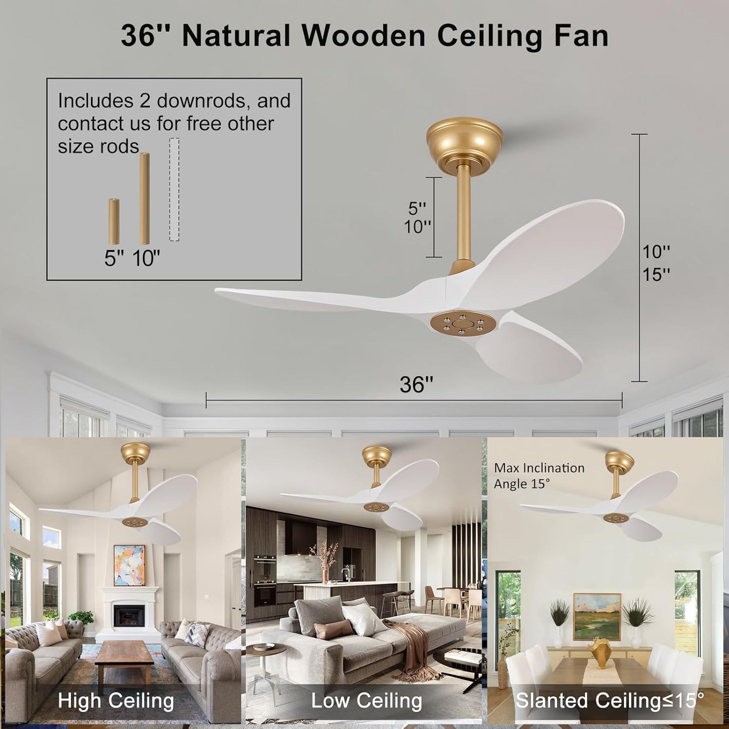 36 Inch Solid Wood Ceiling Fan with Remote,White and Gold Ceiling Fan no Light, 6 Speeds, Reversible DC Motor, Modern Ceiling Fans without Lights for Outdoor Indoor Office Farmhouse Patios A101-B0DQ84N88M