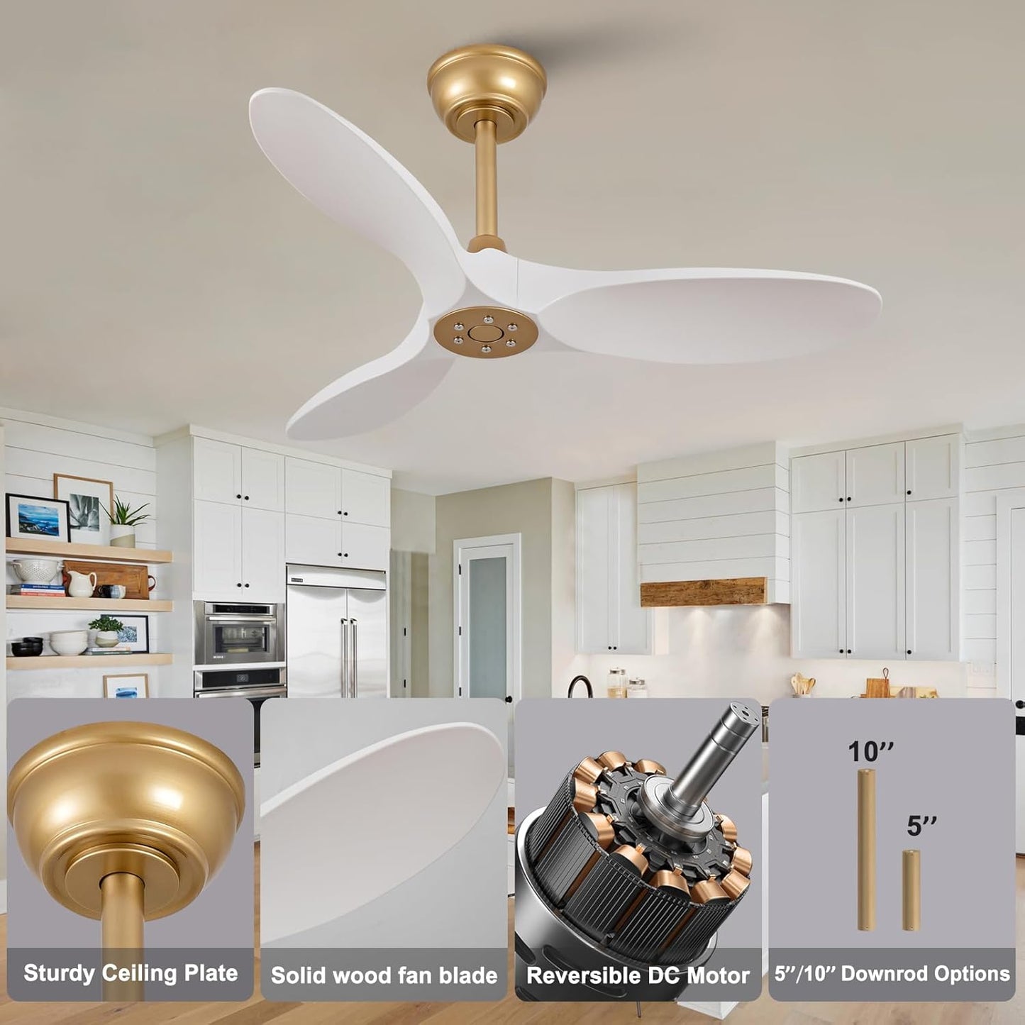 36 Inch Solid Wood Ceiling Fan with Remote,White and Gold Ceiling Fan no Light, 6 Speeds, Reversible DC Motor, Modern Ceiling Fans without Lights for Outdoor Indoor Office Farmhouse Patios A101-B0DQ84N88M