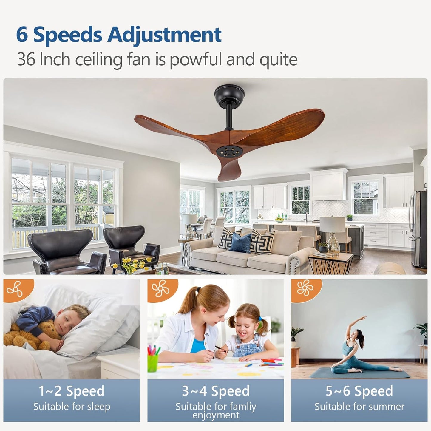 36 Inch Solid Wood Ceiling Fan with Remote,Ceiling Fan no Light,6 Speeds,Noiseless,Reversible DC Motor,Modern Ceiling Fans without Lights for Living Room Bedroom Farmhouse,Patios A101-B0DFTPFKSH