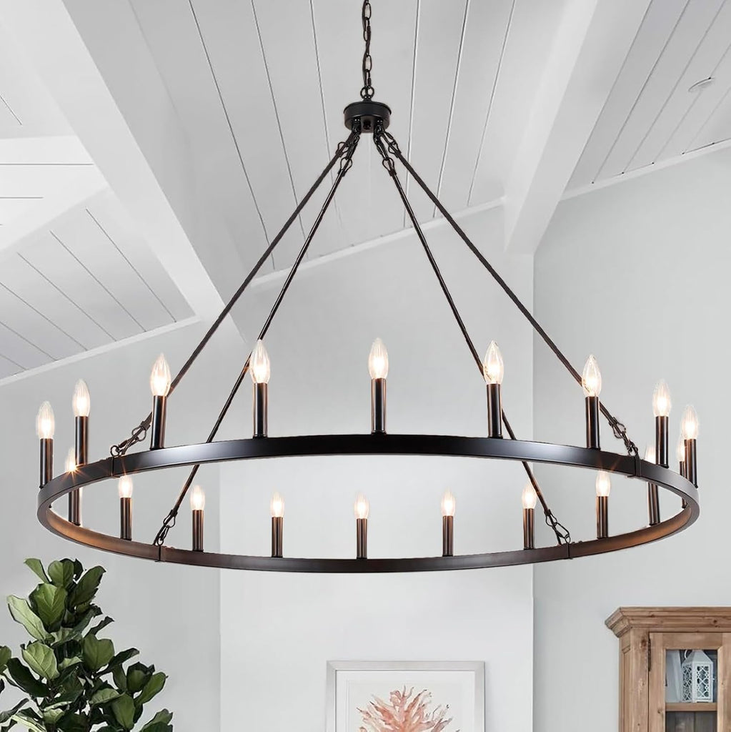 47.2 inches Black Wagon Wheel Chandelier- 20 Light Large Farmhouse Chandelier Industrial Rustic Dining Room Light Fixture Round High Ceiling Pendant Light for Living Room Entryway Foyer A105-B0C76Y9CV8