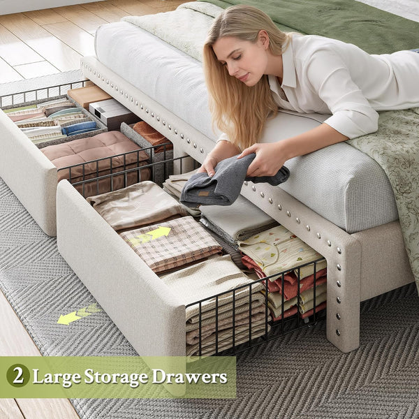 Queen Bed Frame, Upholstered Queen Bed Frame with 2 Storage Drawers an ...