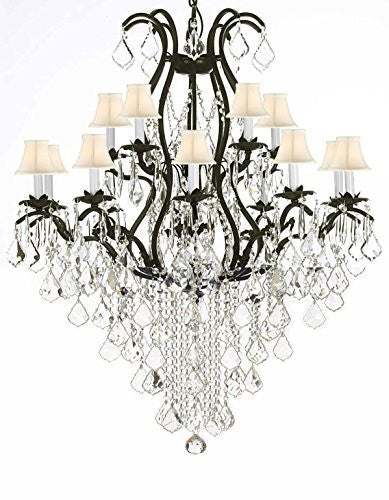 Wrought Iron Chandelier Crystal Chandeliers Lighting Empress Crystal (Tm) H50" X W36" With White Shades Great For Dining Room Entryway / Foyer Or Living Room - A500-Sc/Whiteshade/B12/3034/10+5