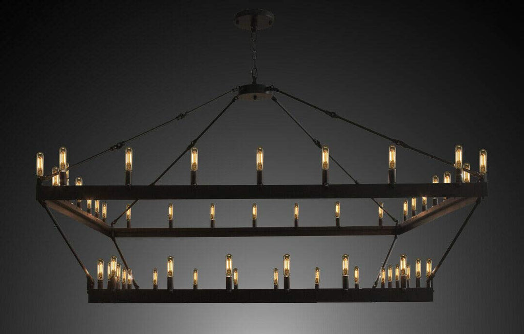 Wrought Iron Vintage Barn Metal Castile Two Tier Square Chandelier Chandeliers Industrial Loft Rustic Lighting W 63" H 60" - A113-3428/52