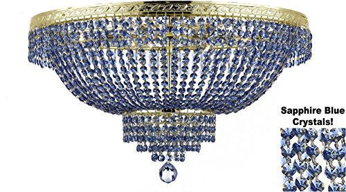 French Empire Semi Flush Crystal Chandelier Lighting - Dressed With Sapphire Blue Color Crystals H21" X W30" - A500-B82/Flush/Cg/870/14