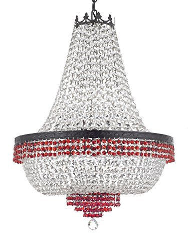 French Empire Crystal Chandelier Chandeliers Lighting Trimmed With Ruby Red Crystal With Dark Antique Finish H30" X W24" Good For Dining Room Foyer Entryway Family Room And More - A500-B75/Cb/870/9