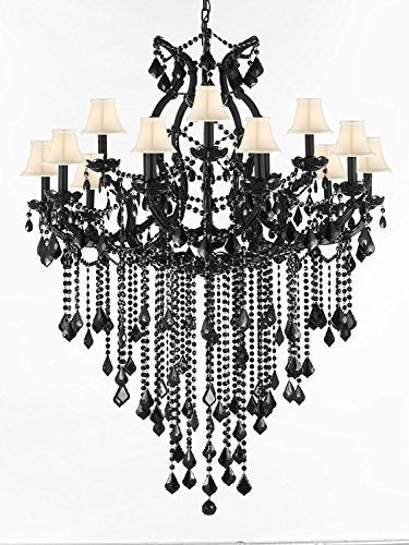 JET BLACK CHANDELIER CRYSTAL LIGHTING CHANDELIERS WITH WHITE SHADES 37X50 - A500-SC/B12/WHITE/21510/15+1