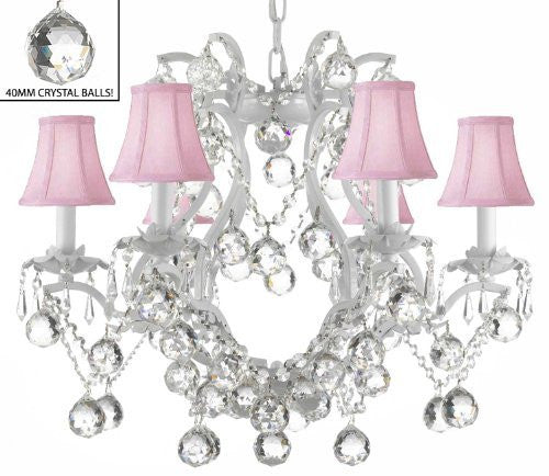 White Wrought Iron Crystal Chandelier Lighting H 19" W 20" Dressed With Feng Shui 40Mm Crystal Balls And Pink Shades - A83-Pinkshadesb6/White/3530/6