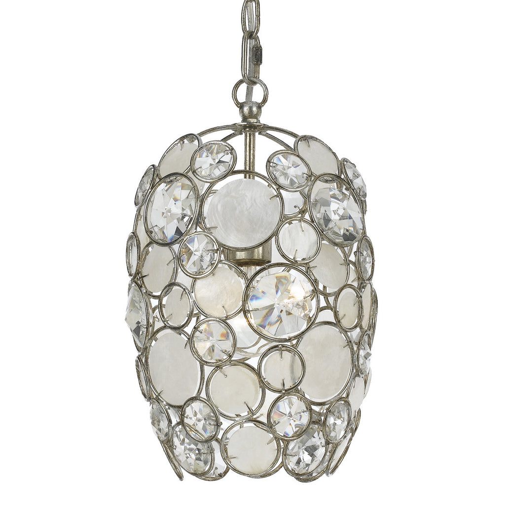 1 Light Antique Silver Coastal Mini Chandelier Draped In Natural White Capiz Shell + Hand Cut Crystal - C193-523-SA