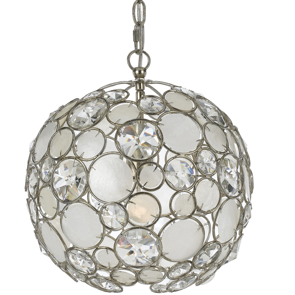 1 Light Antique Silver Coastal Mini Chandelier Draped In Natural White Capiz Shell + Hand Cut Crystal - C193-527-SA