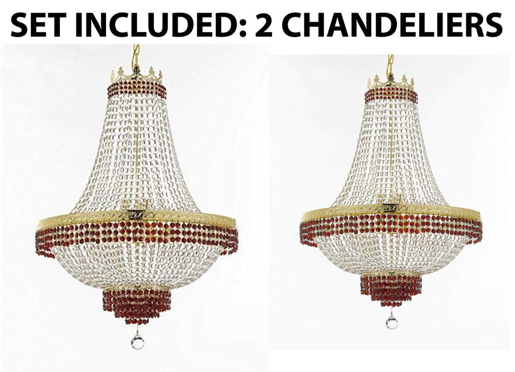 Set of 2-1 Moroccan Style French Empire Crystal Chandelier Trimmed w/Ruby Red Crystal H36 W30 and 1 Moroccan Style French Empire Crystal Chandelier Lighting Trimmed w/Ruby Red Crystal! H30" X W24" - B74/CG/870/14 + B74/CG/870/9 A500-