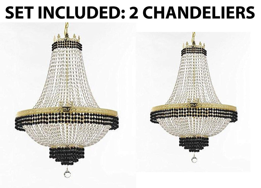 Set of 2-1 French Empire Crystal Chandelier Lighting Trimmed w/Jet Black Crystal! H36" X W30" and 1 Flush French Empire Crystal Chandelier Trimmed with Jet Black Crystal! H30" X W24" - B79/CG/870/14 + B79/CG/870/9 A500-