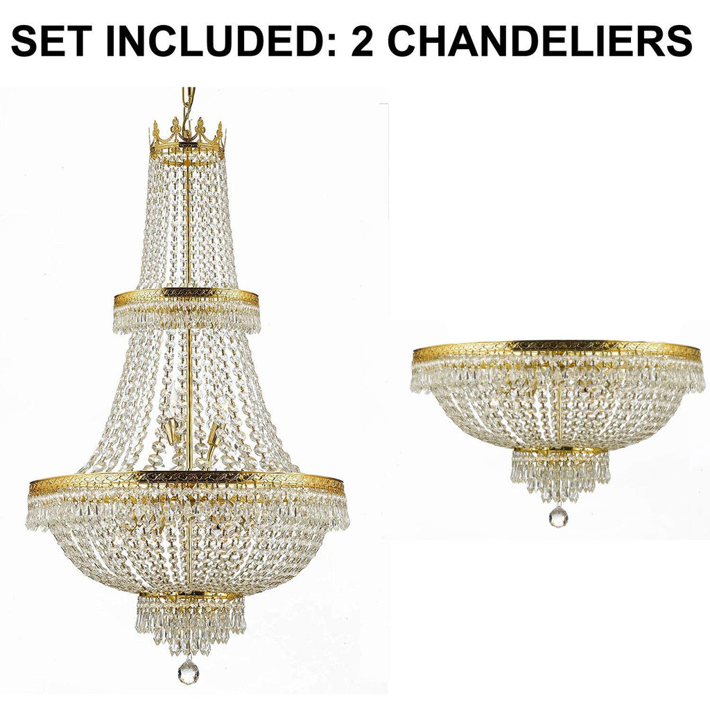 Set of 2-1 French Empire Crystal Chandelier Lighting H50" X W24" - Great for The Dining Room, Foyer, Living Room! and 1 French Empire Crystal Semi Flush Chandelier Lighting H18" X W24" - 1EA CG/870/15 + 1EA FLUSH/870/9 A500-