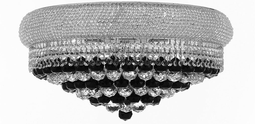 Swarovski Crystal Trimmed French Empire Flush Crystal Chandeliers H15" X W24" Dressed with Jet Black Crystal Balls - Good for Dining Room, Foyer, Entryway, Family Room and More - A500-B95/FLUSH/CS/542/15SW
