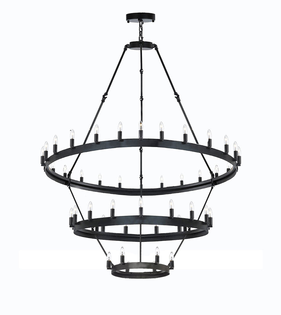 *CLOSEOUT PRICE - LIMITED QUANTITY LEFT* Wrought Iron Vintage Barn Metal Castile Three Tier Chandelier Chandeliers Industrial Loft Rustic Lighting W 38" H 65" - CO-3428/18+12+6