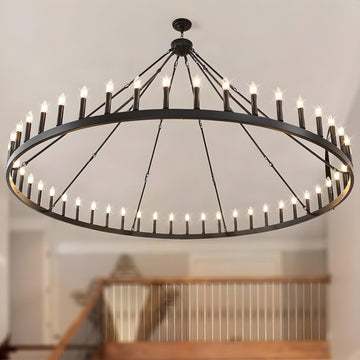 80 inch 1-tier black wagon wheel chandelier with 48 candle lights over a staircase