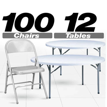 100 Metal Folding Chairs + 12 Plastic Round Table Kit