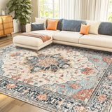 Area Rugs Washable Non-Slip, Floral Vintage Distress Print Pattern Medallion Carpet for Living Room Bedroom Dining Room