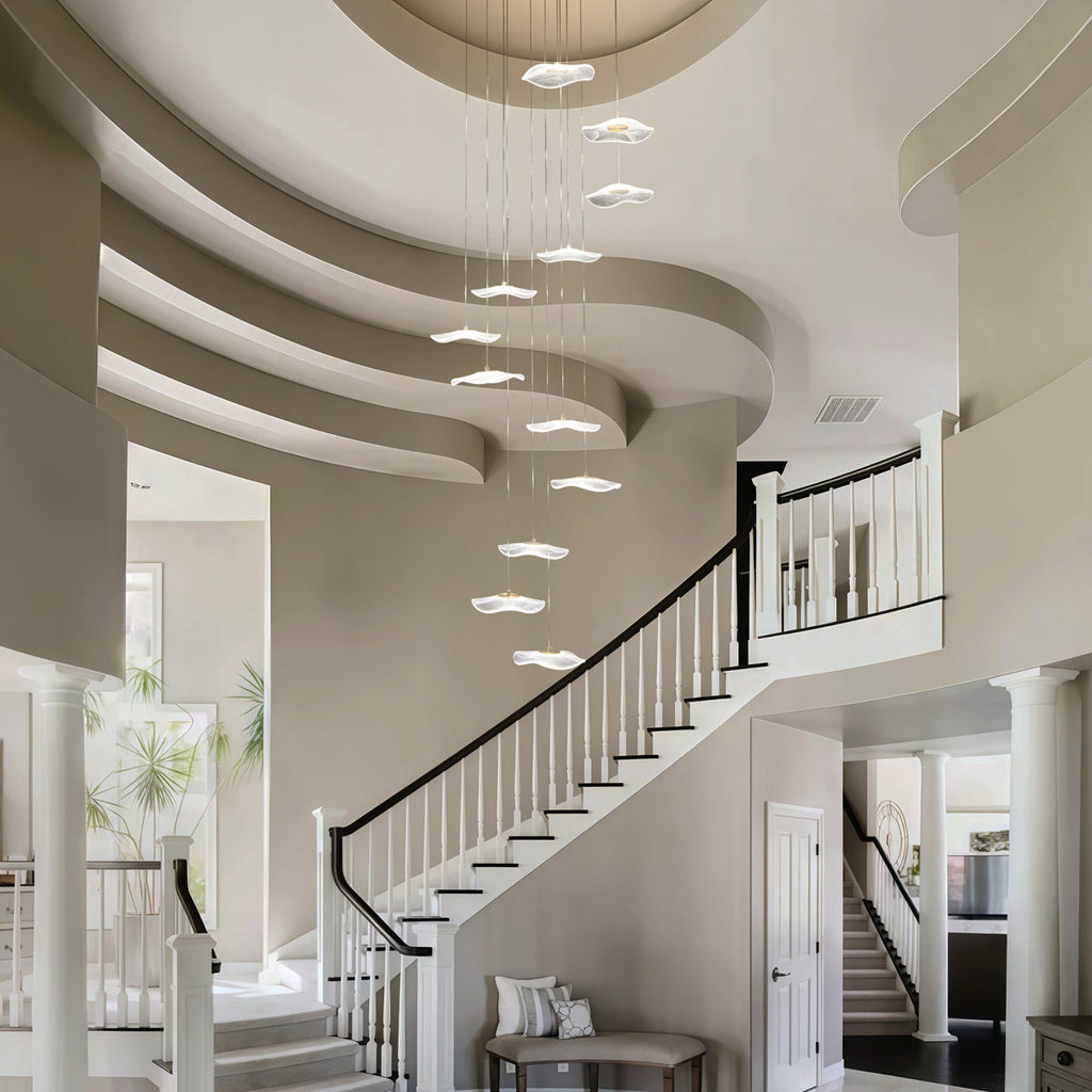 118" Long Staircase Chandelier For High Ceilings, Dimmable Modern Gold Led Pendant Lights With Lotus Leaf Shade,Gold Linear Spiral Chandelier For Foyer Entryway Double-Heigh