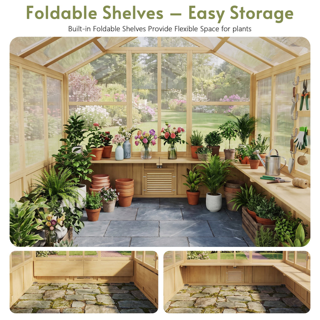 8x8 FT Outdoor Wooden Walk-In Greenhouse, Heavy Duty Cedar Frame with Polycarbonate Panels & Adjustable Roof Vents