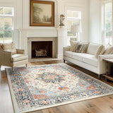 Area Rugs Washable Non-Slip, Floral Vintage Distress Print Pattern Medallion Carpet for Living Room Bedroom Dining Room