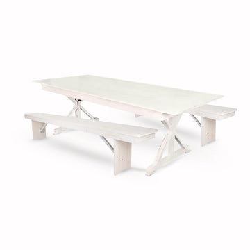 White Distressed X-Leg Farm Table Dining Set with 2 Benches