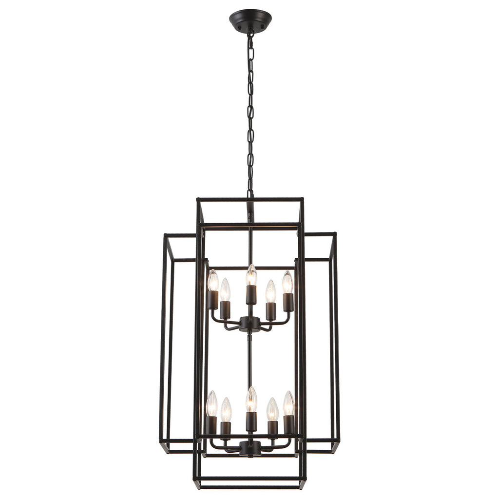 2-Tiers Large 10-Light Dimmable Farmhouse Lantern Square/Rectangle Chandelier
