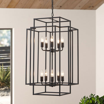 2-Tiers Large 10-Light Dimmable Farmhouse Lantern Square/Rectangle Chandelier