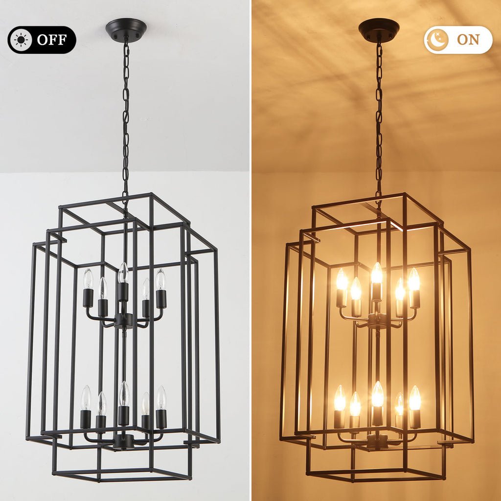 2-Tiers Large 10-Light Dimmable Farmhouse Lantern Square/Rectangle Chandelier