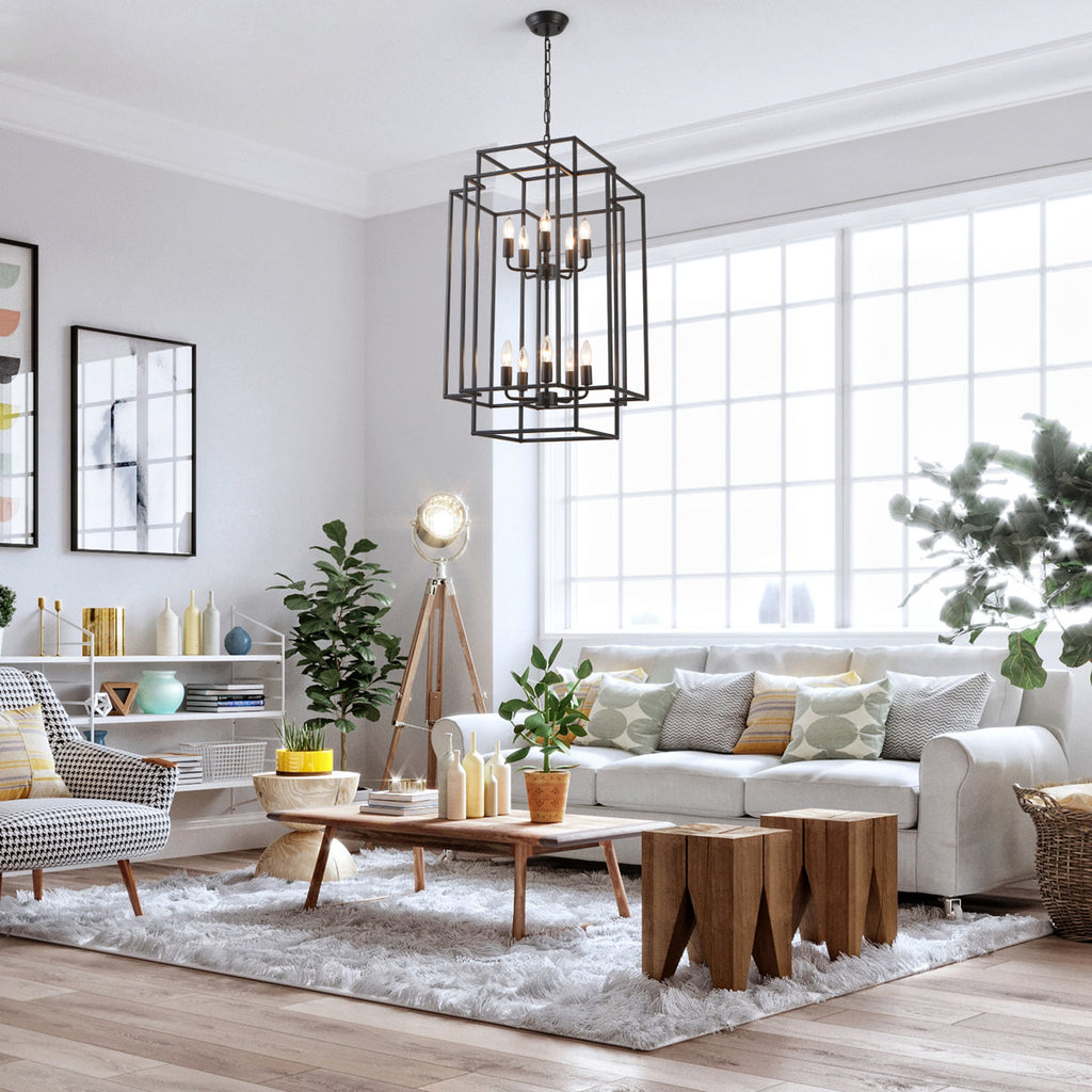 2-Tiers Large 10-Light Dimmable Farmhouse Lantern Square/Rectangle Chandelier