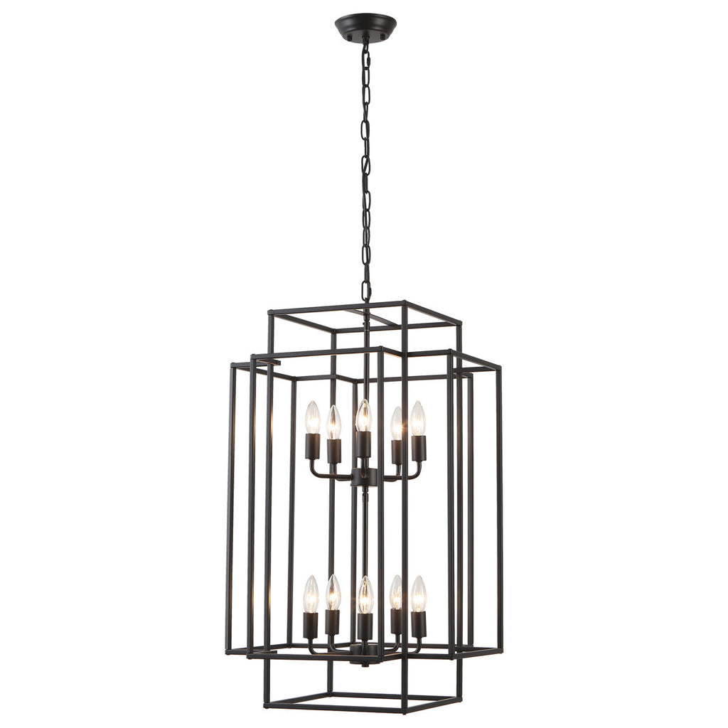 2-Tiers Large 10-Light Dimmable Farmhouse Lantern Square/Rectangle Chandelier
