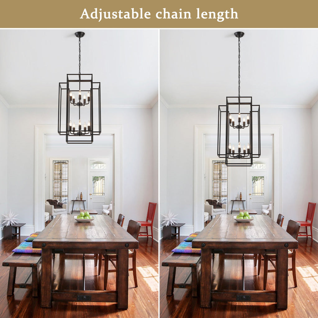 2-Tiers Large 10-Light Dimmable Farmhouse Lantern Square/Rectangle Chandelier