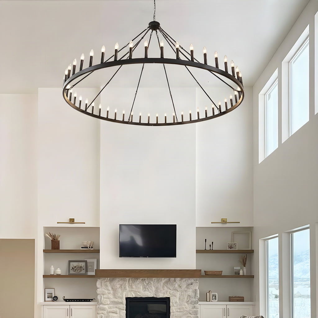 48-light single tier wagon wheel chandelier in a double height living room