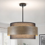 20 Inches Drum Chandelier With Metal And Rattan Shade, 5-lights Farmhouse Drum Pendant Light Large Rustic Chandelier, Height Adjustable Pendant Lighting For Ktichen Island Dining Room E26