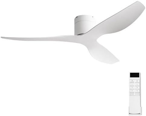 52" Low-Profile Modern Ceiling Fan with Remote – White Curved Blades, 3-Blade, DC Motor, No Light