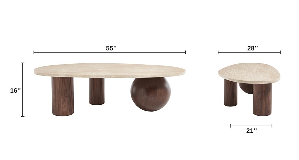55'' Modern Oval Wood Coffee Table, 3 Walnut Accent Legs