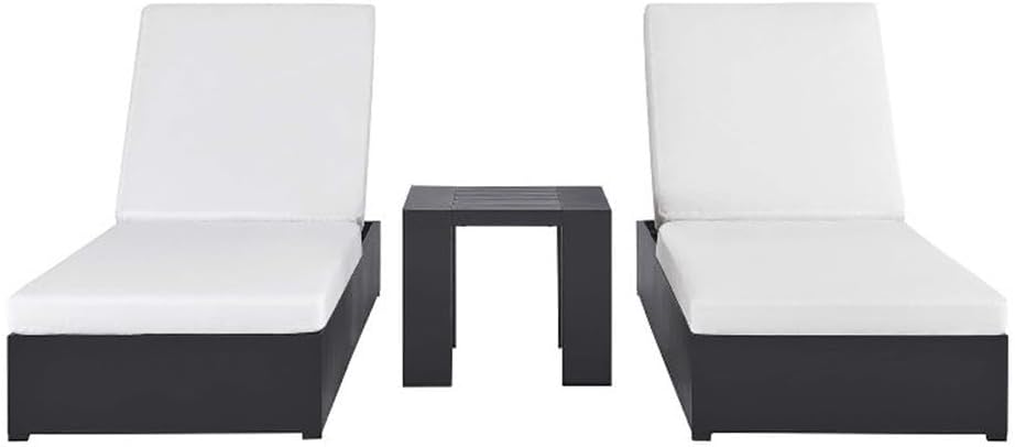 Aluminum Outdoor Patio Set of 2 Chaise Side Gray White, 3-Piece Set of Pool Lounge Chairs and Accent Table